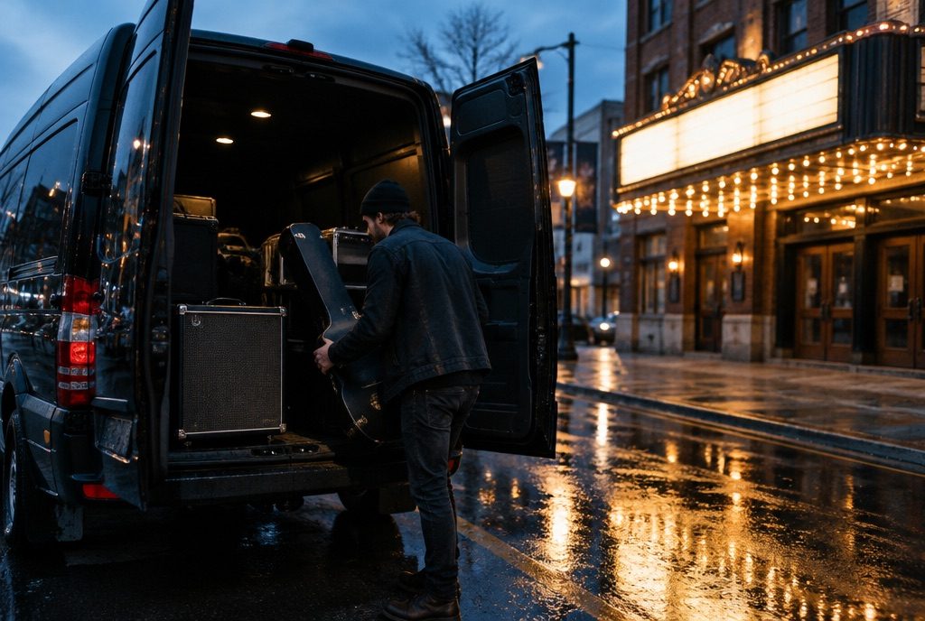 Musician loading gear into a van outside a theater at dusk