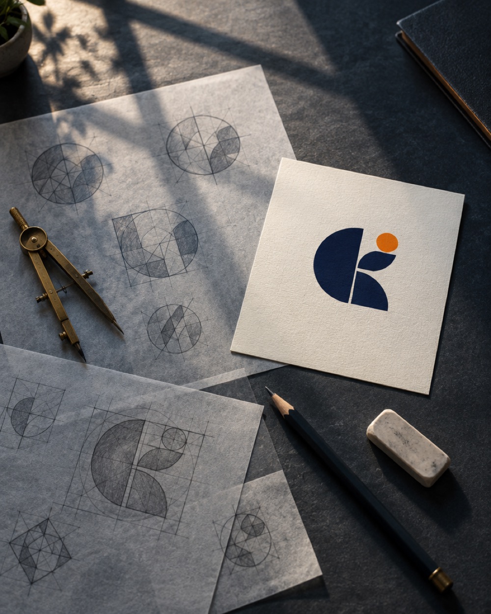 Pencil sketches of a geometric logo mark on tracing paper with a brass compass, next to the finished navy and orange mark printed on a cream card