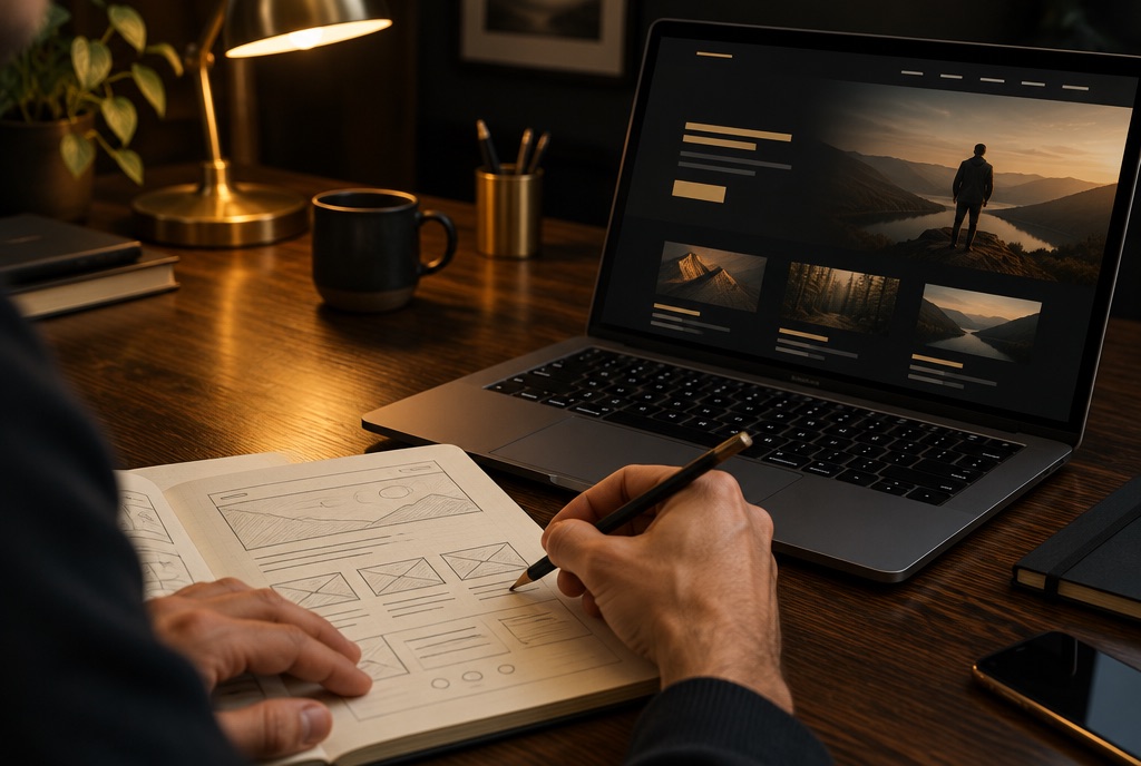 Designer sketching a website layout beside a laptop