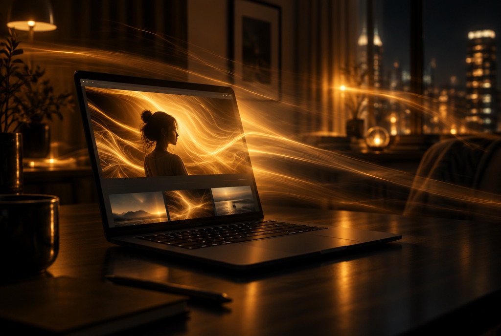 Golden light spilling from a laptop screen