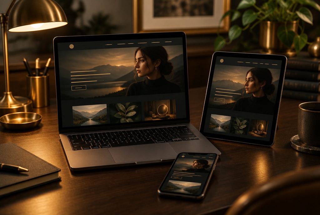 Laptop, tablet and phone showing the same site