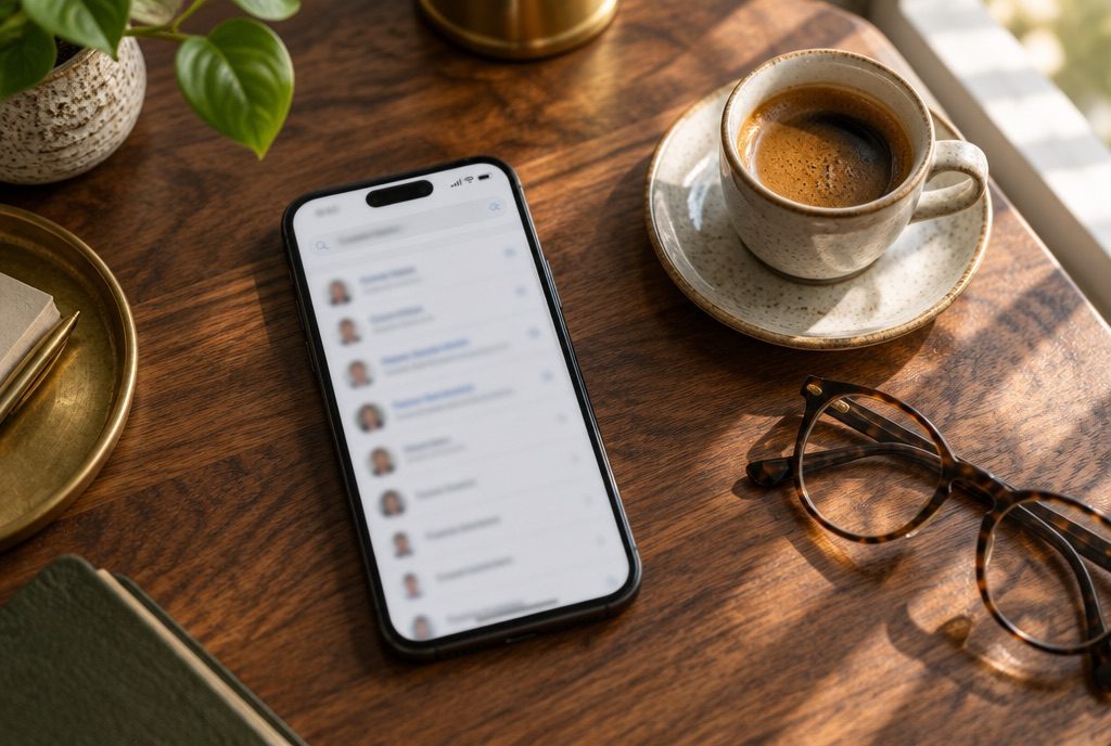 Phone on a table showing a name search