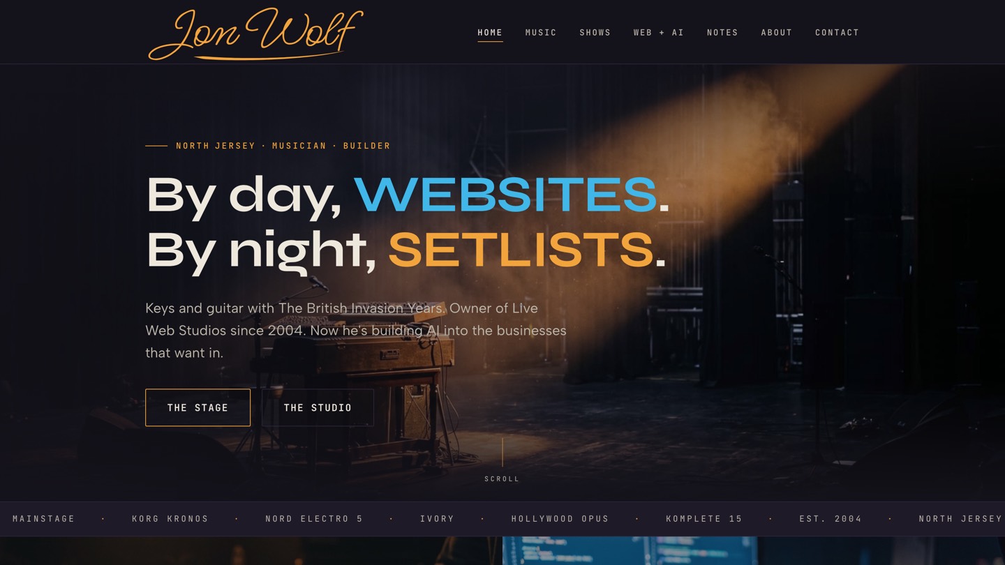The jonwolfstudios.com home page: a lit stage with a vintage organ, headline reading By day, websites. By night, setlists.