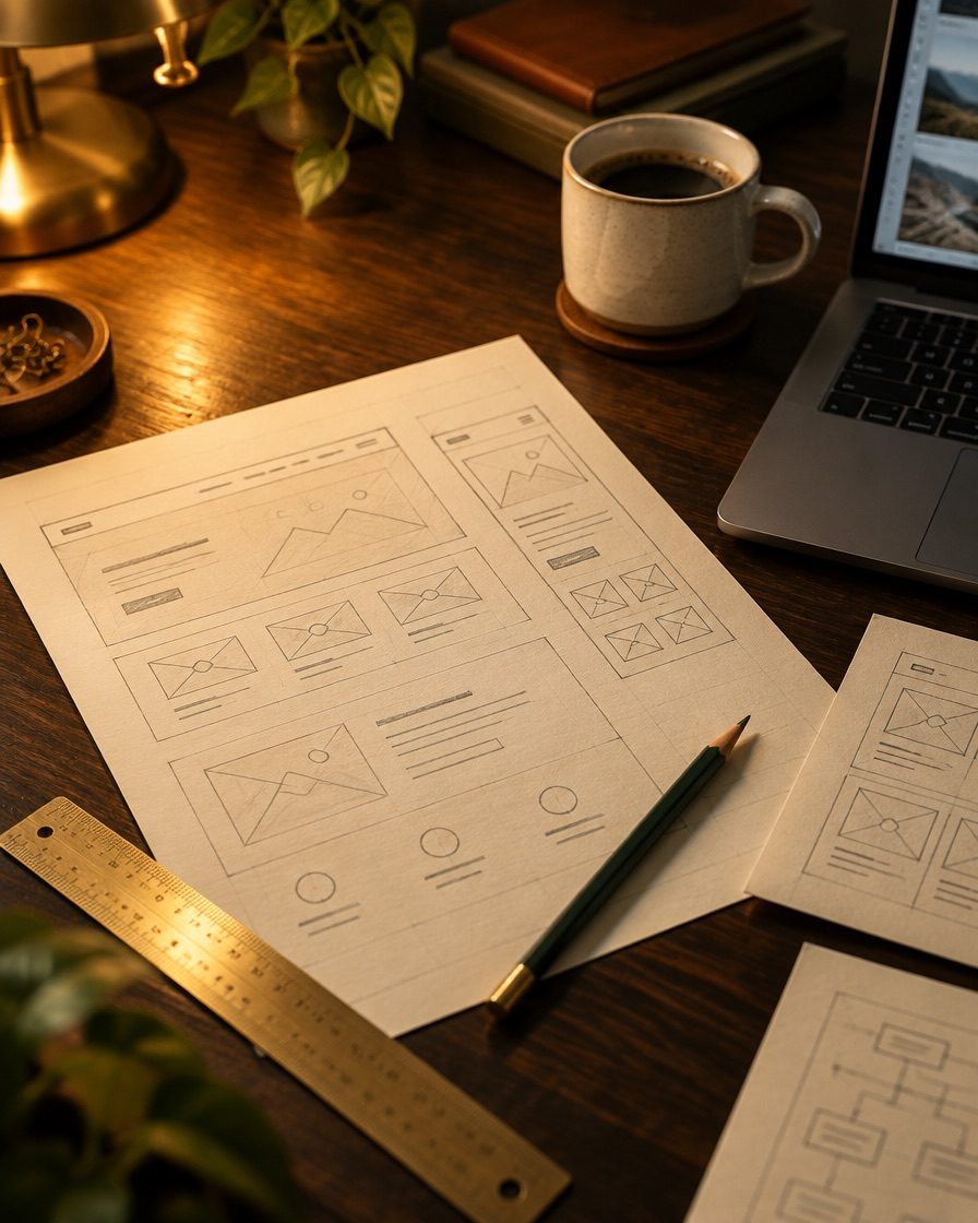 Wireframe sketches, a brass ruler and a laptop on a designer's desk