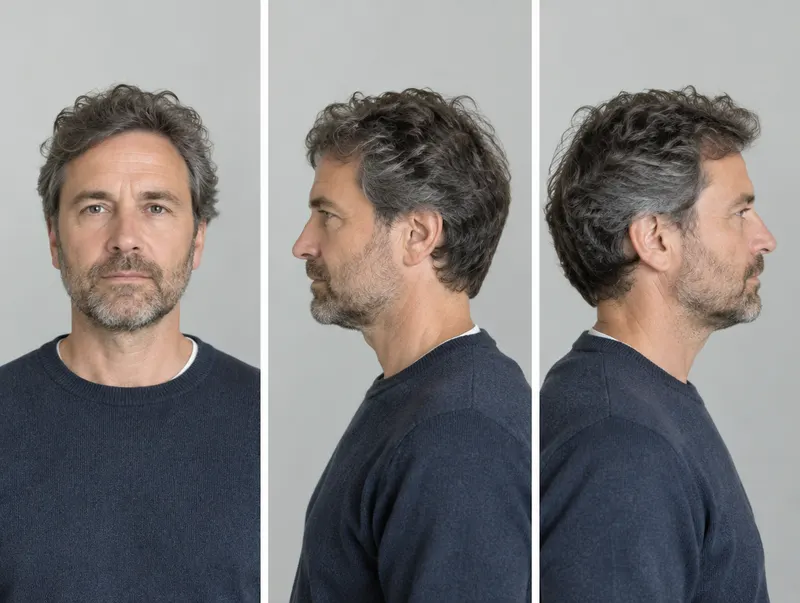 Three photos of the same man against a grey wall: facing the camera, then each profile.