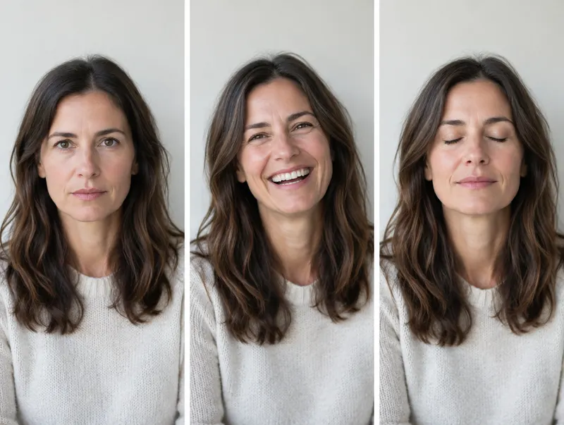 Three photos of the same woman against a plain wall: serious, laughing, and eyes closed.