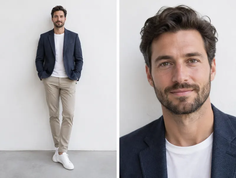 A full-length photo of a man against a white wall beside a tight headshot of the same man.