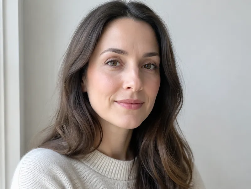 Close-up of a woman lit by soft window light from the side, against a plain light wall.