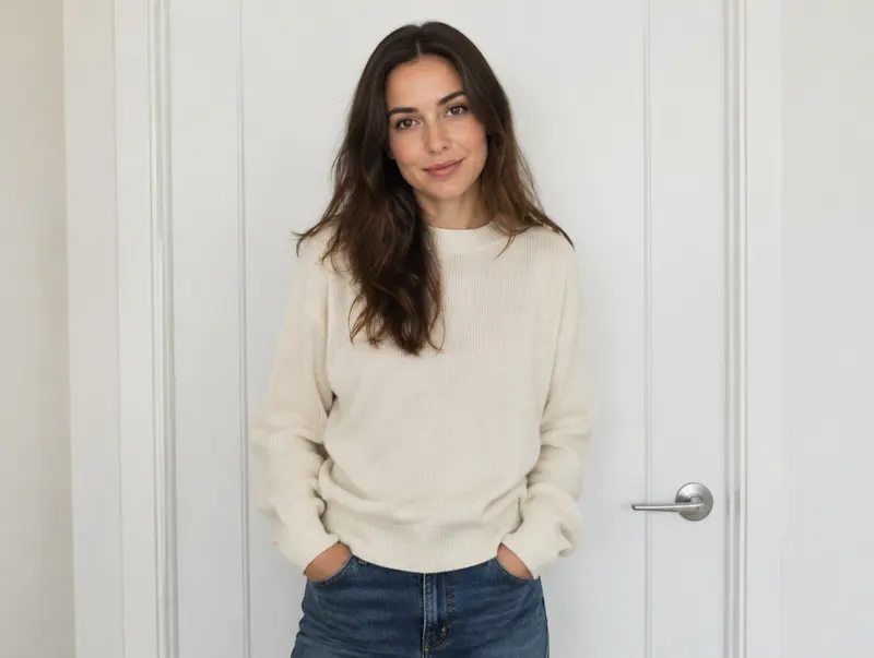 A woman standing in front of a plain white door in soft daylight, nothing else in frame.