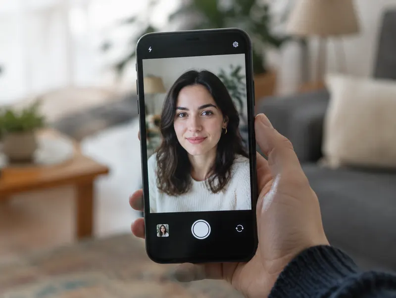 A hand holding a phone upright, the screen showing a sharp headshot with a softly blurred background.