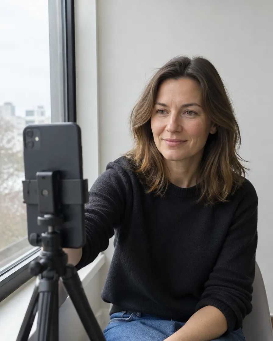 A woman taking her own reference photo with a phone on a small tripod beside a large window.