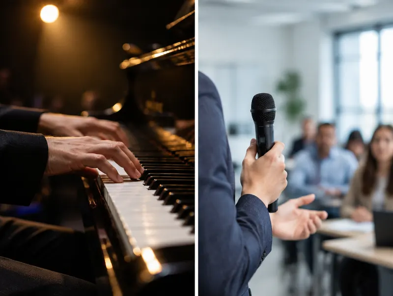 Hands on piano keys under a stage light beside a hand holding a microphone in a training room.