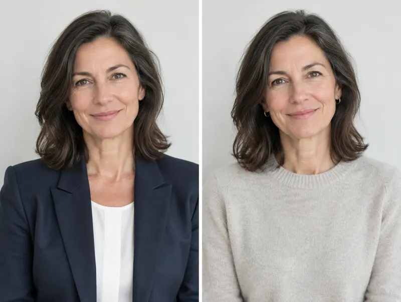 The same woman photographed twice against the same wall, once in a blazer and once in a sweater.
