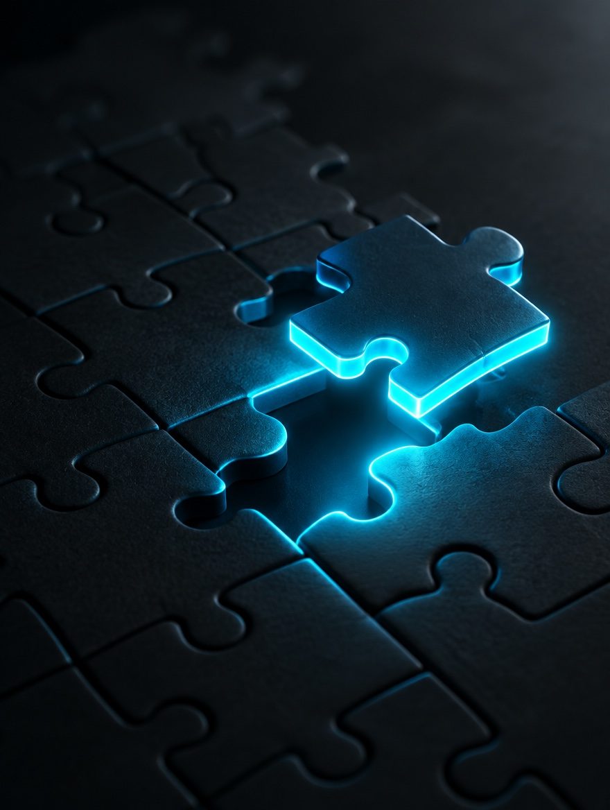Dark jigsaw puzzle pieces with one glowing cyan piece locking into the final slot