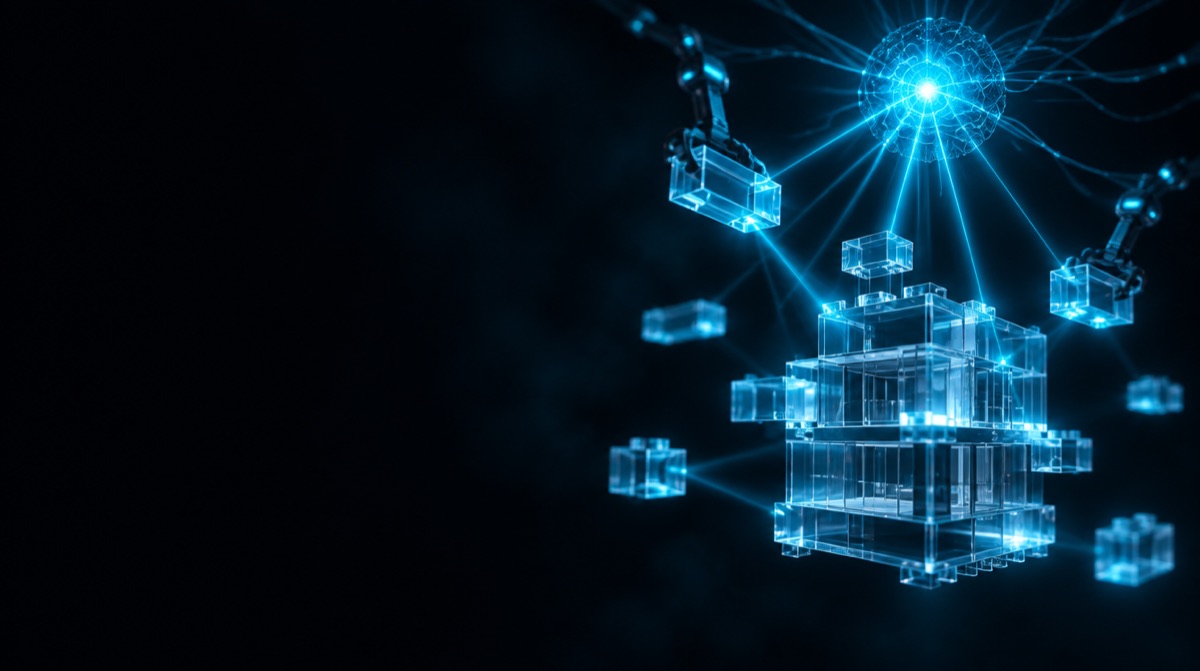 Cyan light beams from a glowing neural node snapping glass blocks into a finished structure