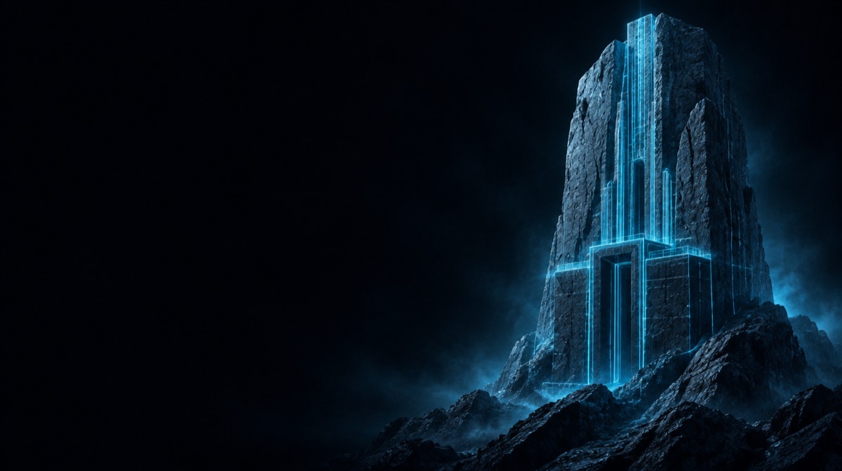 A granite monolith anchored in bedrock with a sharp cyan wireframe structure locked into its face