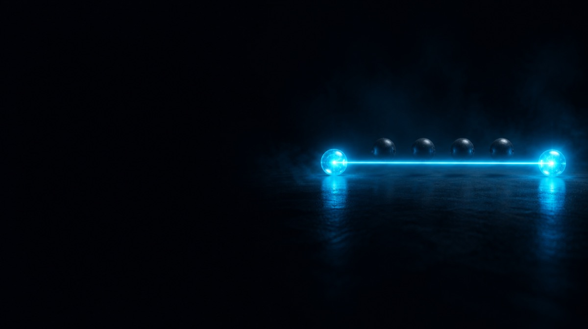 Two glowing cyan nodes joined by one unbroken beam, with a row of dark switched-off middlemen bypassed beside it