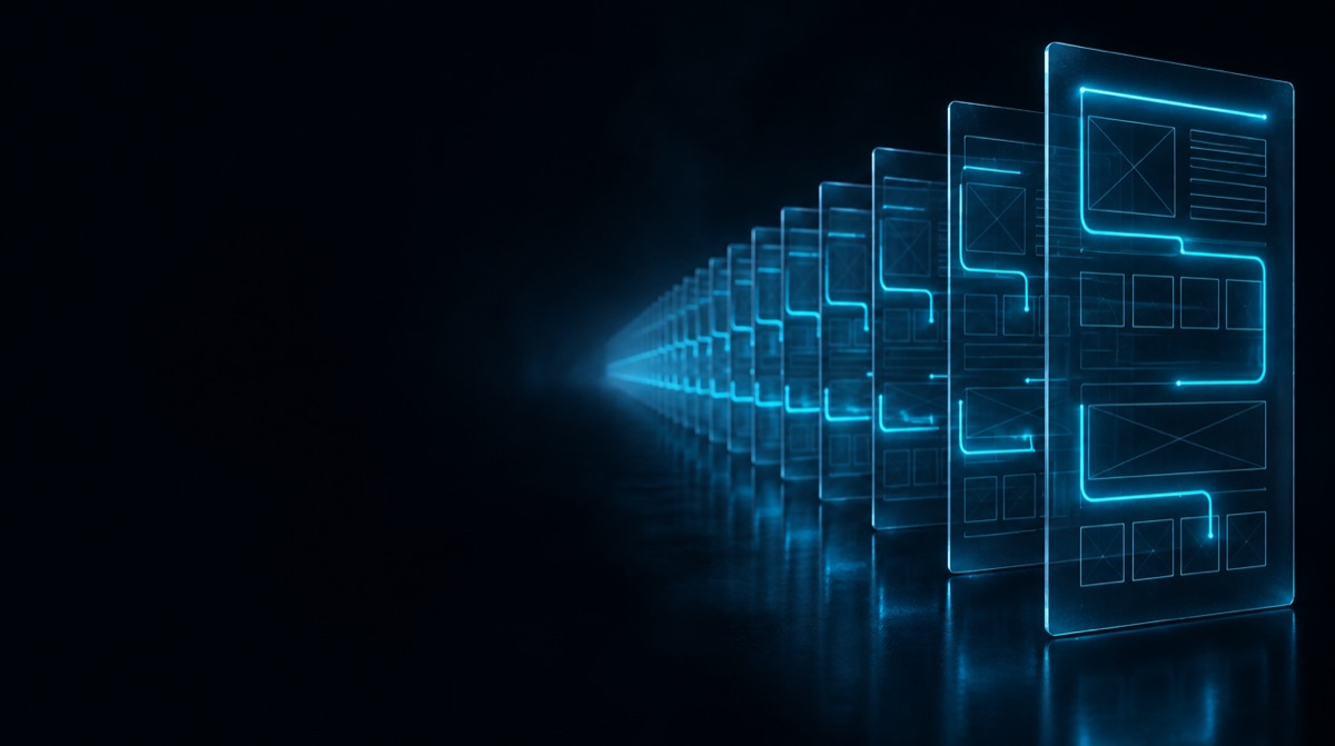 A long receding stack of glass web-layout panels with one cyan thread tracing the same pattern through every one