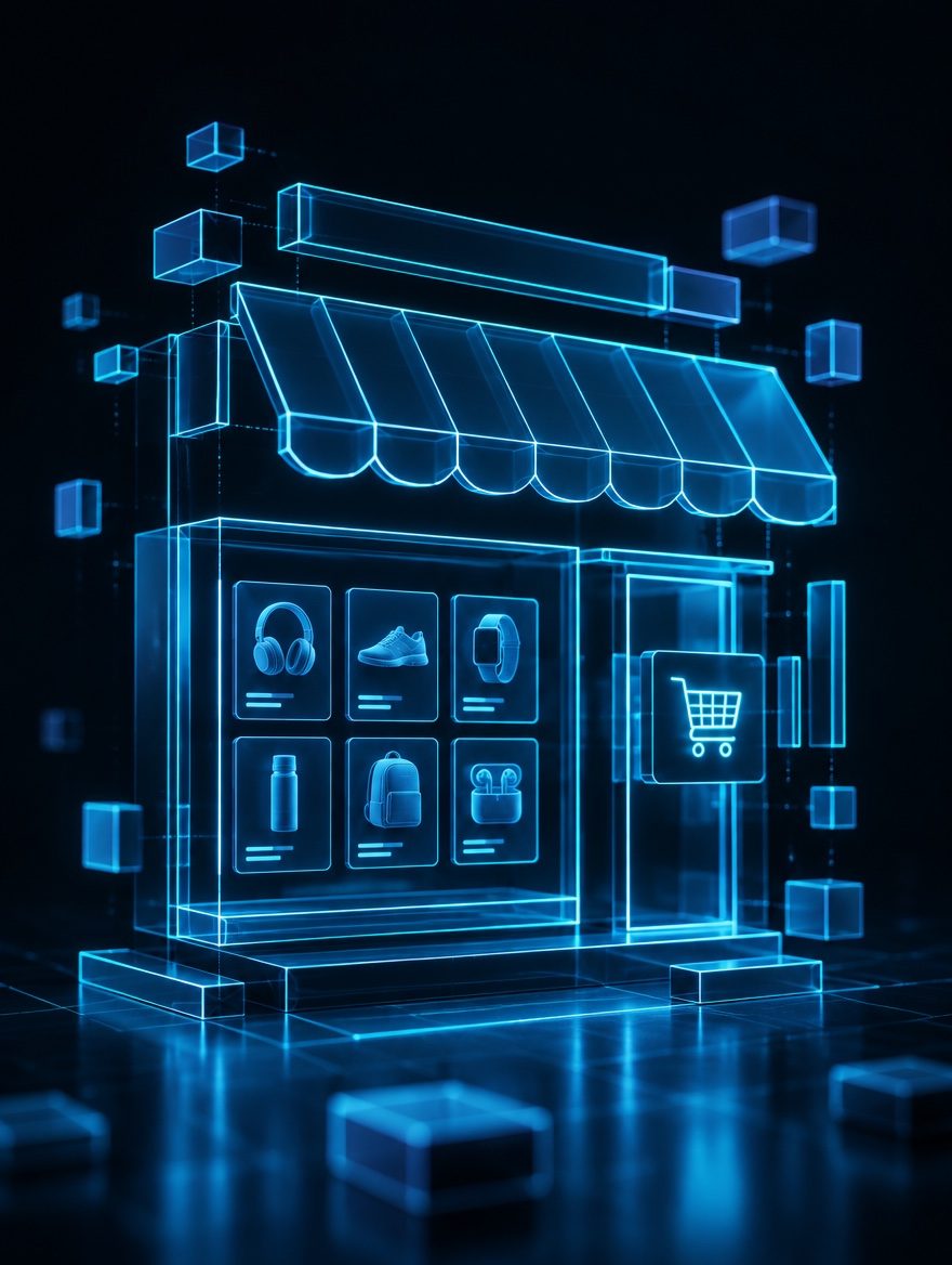 Glowing cyan wireframe of a storefront assembling itself from floating blocks, with a product grid and cart