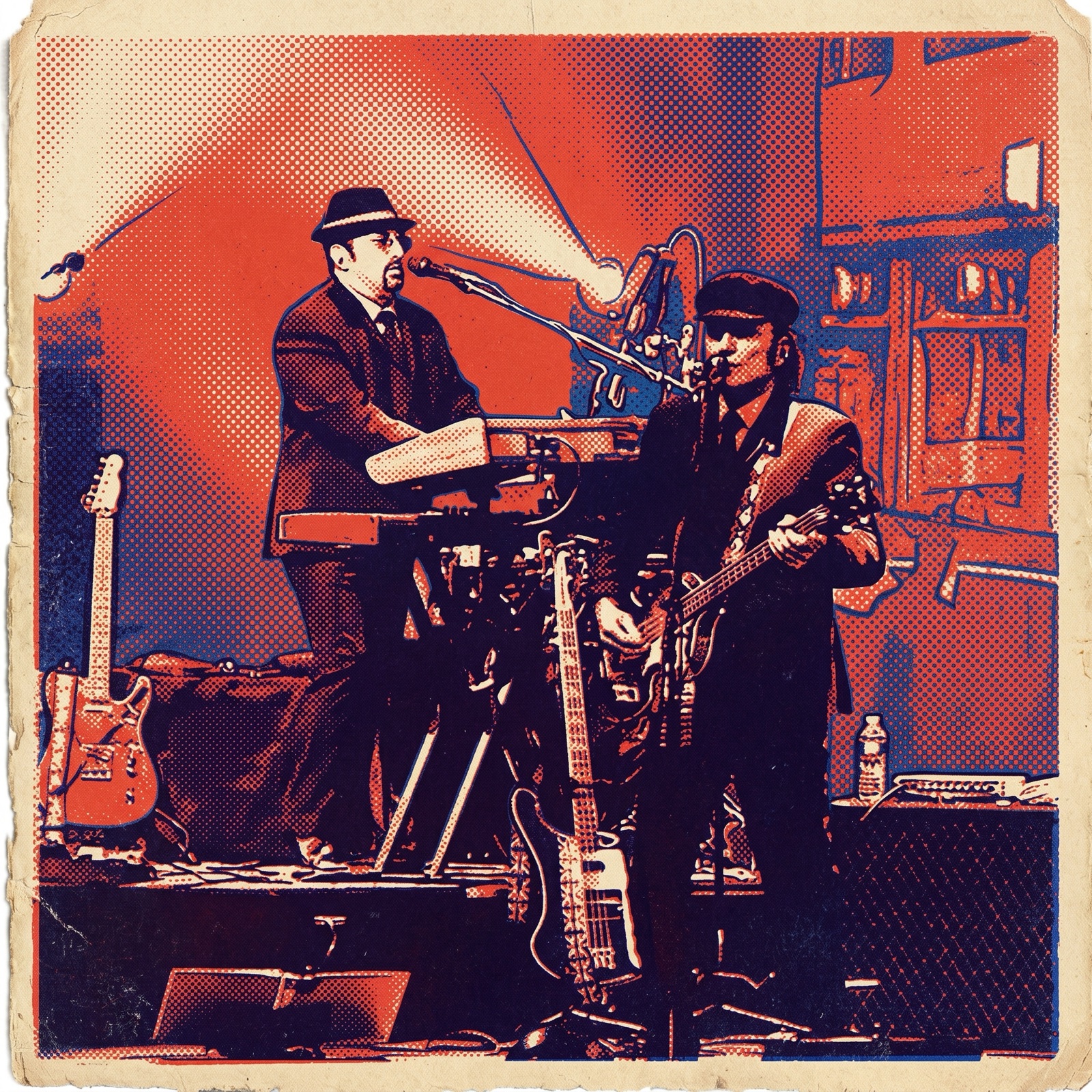Golden Gate gig-poster style — keys and bass on stage in duotone halftone