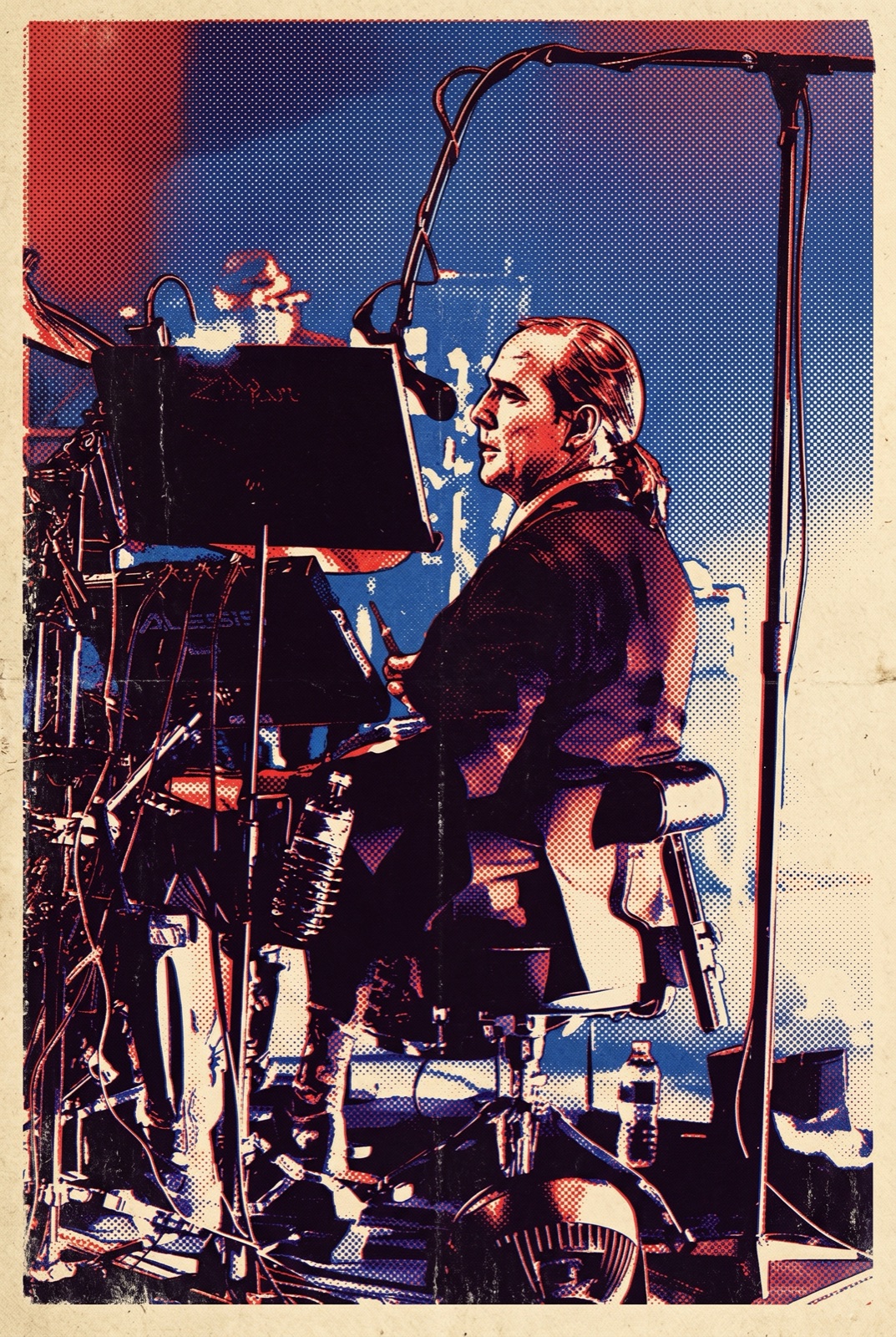 Golden Gate gig-poster style — guitarist in silkscreen duotone