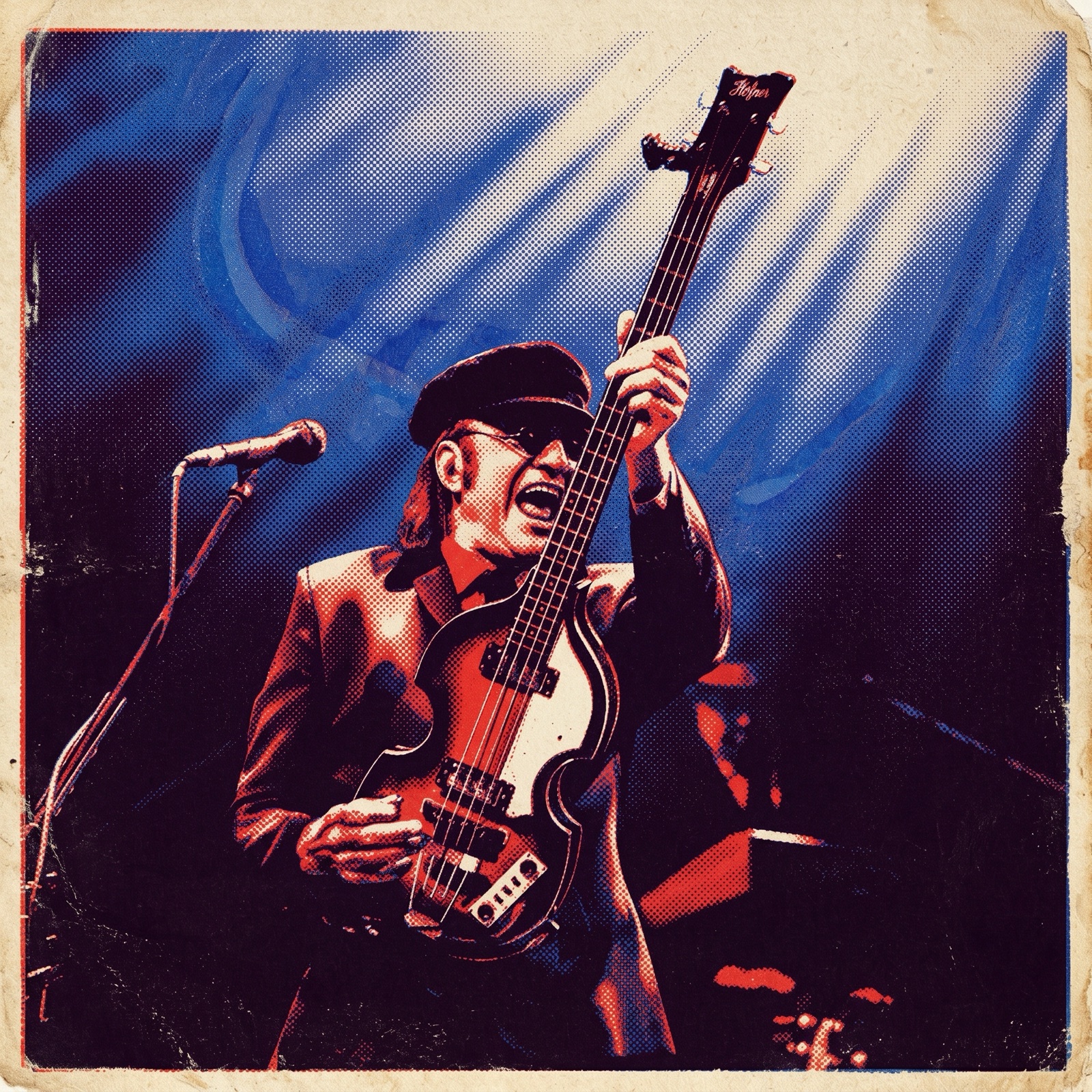 Golden Gate gig-poster style — the band on stage in duotone halftone