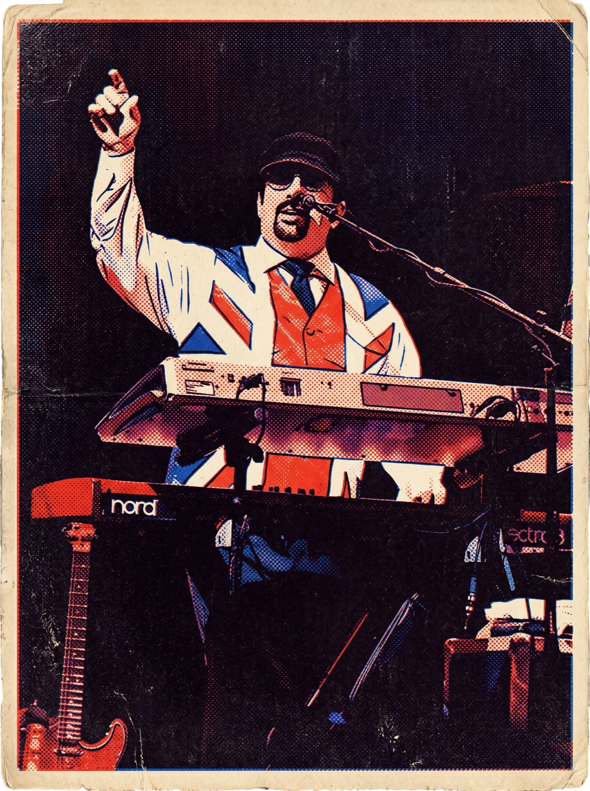 Golden Gate gig-poster style — keyboardist mid-song in red and blue duotone