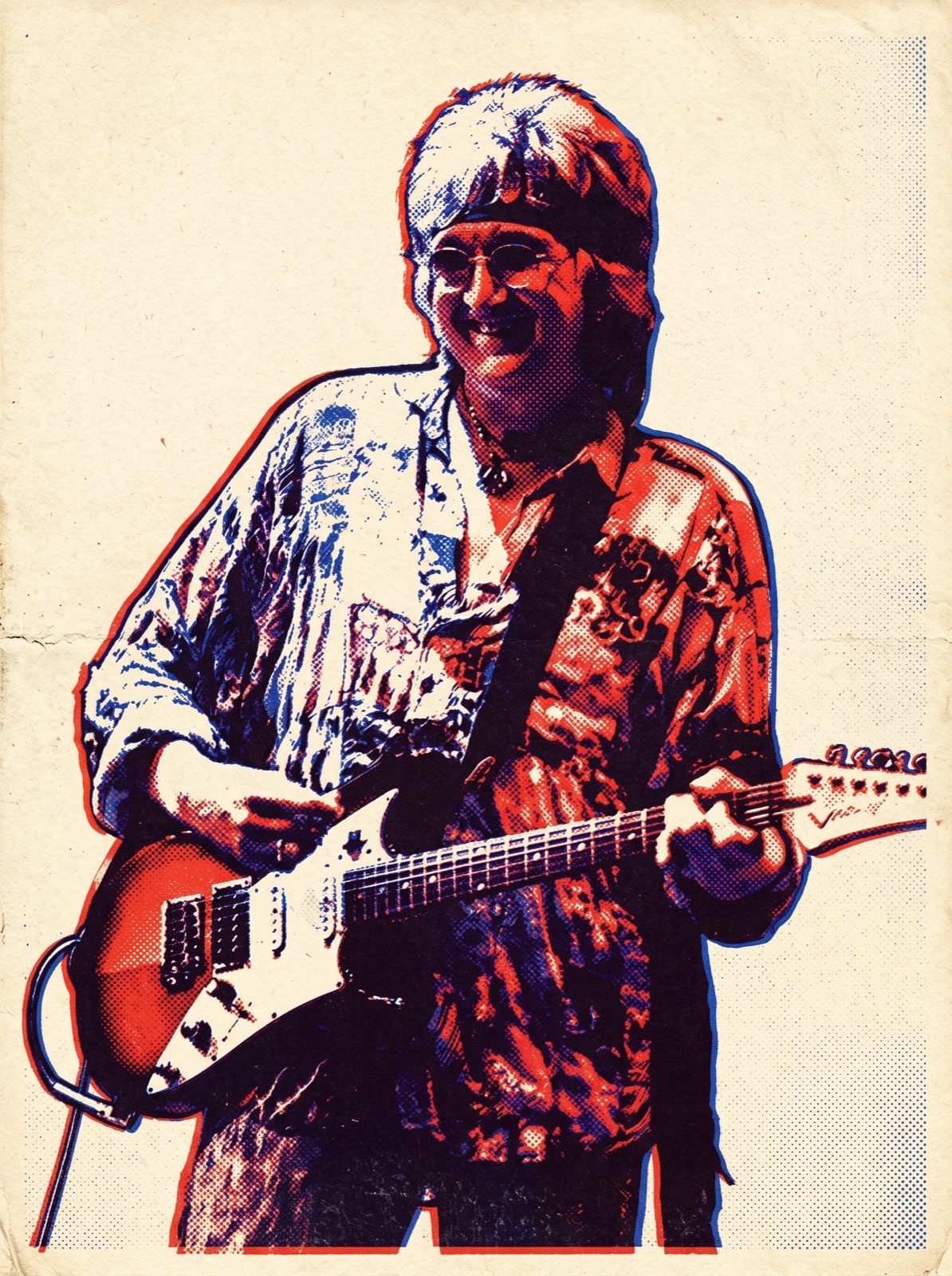 Golden Gate gig-poster style — guitarist mid-set in red and blue duotone