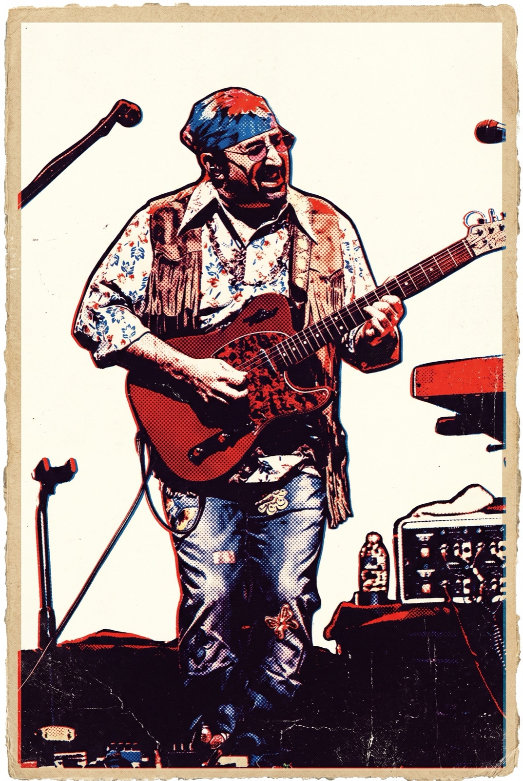 Golden Gate gig-poster style — vocalist at the mic in duotone