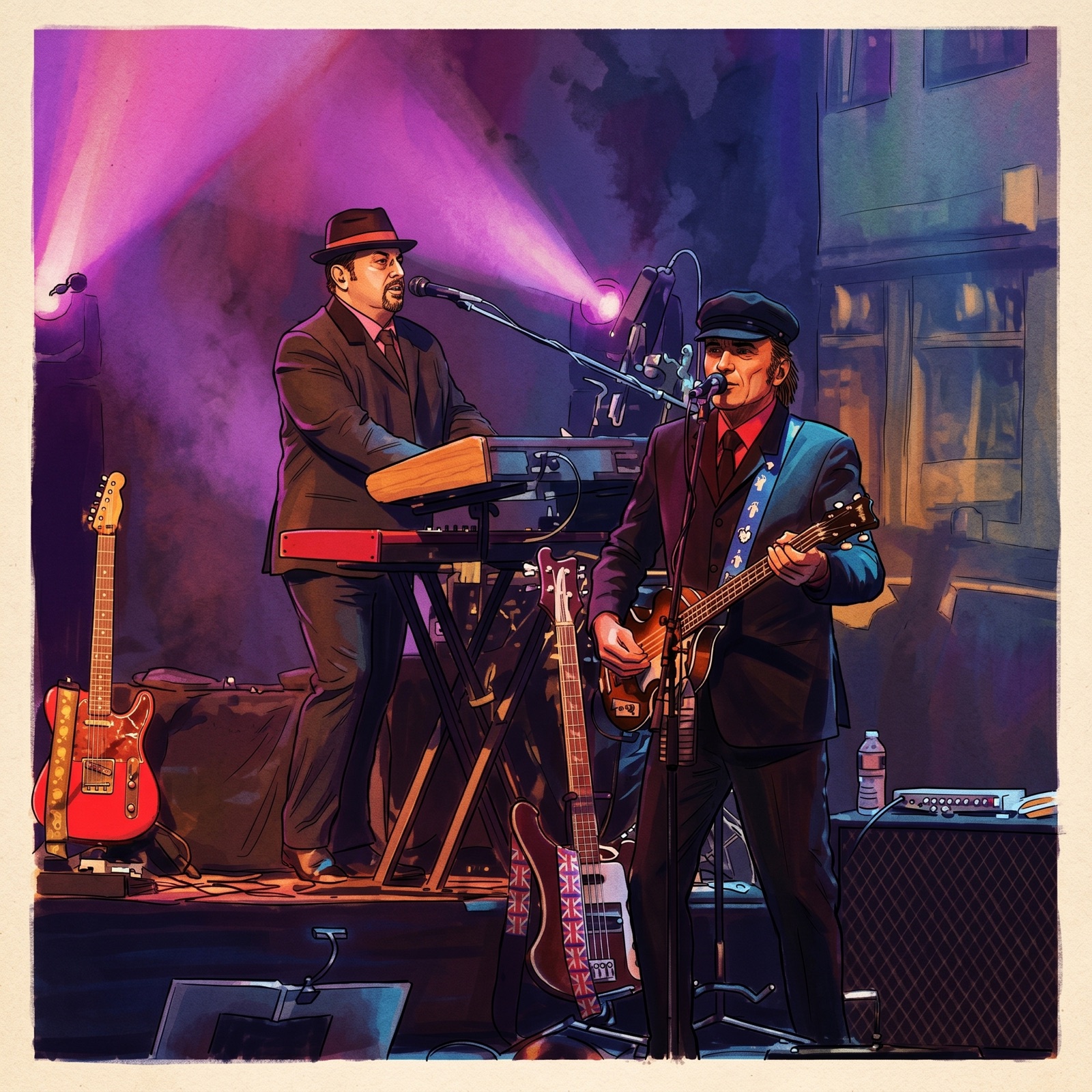 Mid-century American illustration style — keys and bass on stage