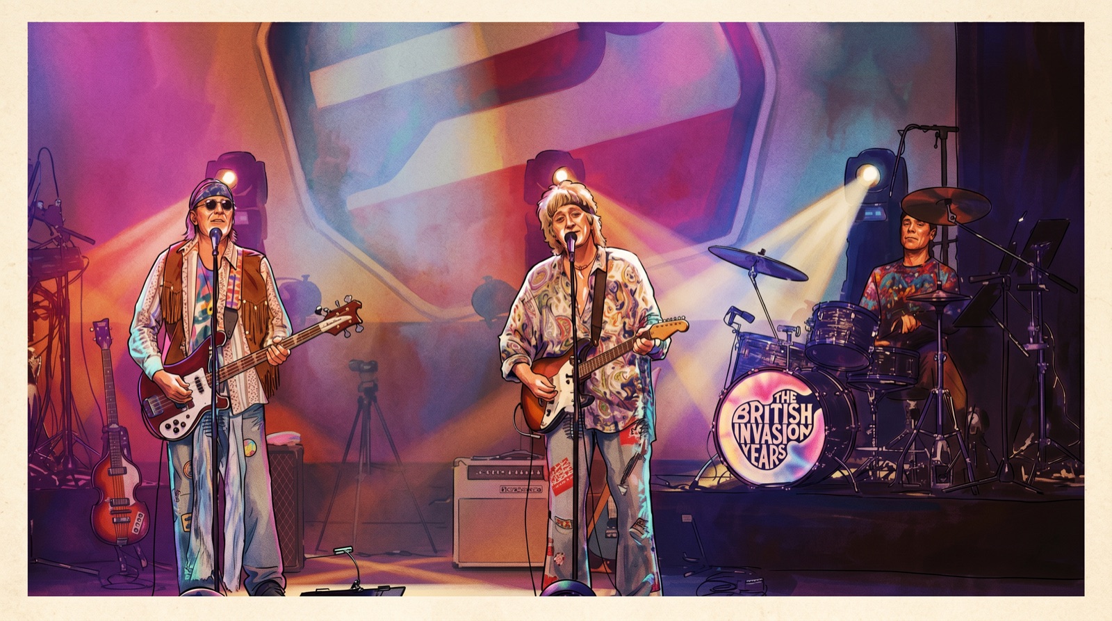 Mid-century American illustration style — the full band on stage