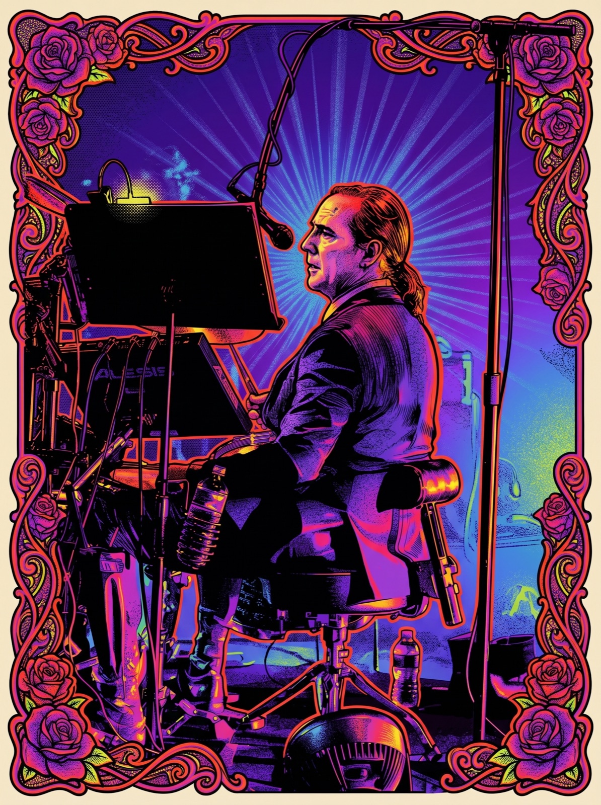 Owsley psychedelic concert-poster style — drummer framed in roses