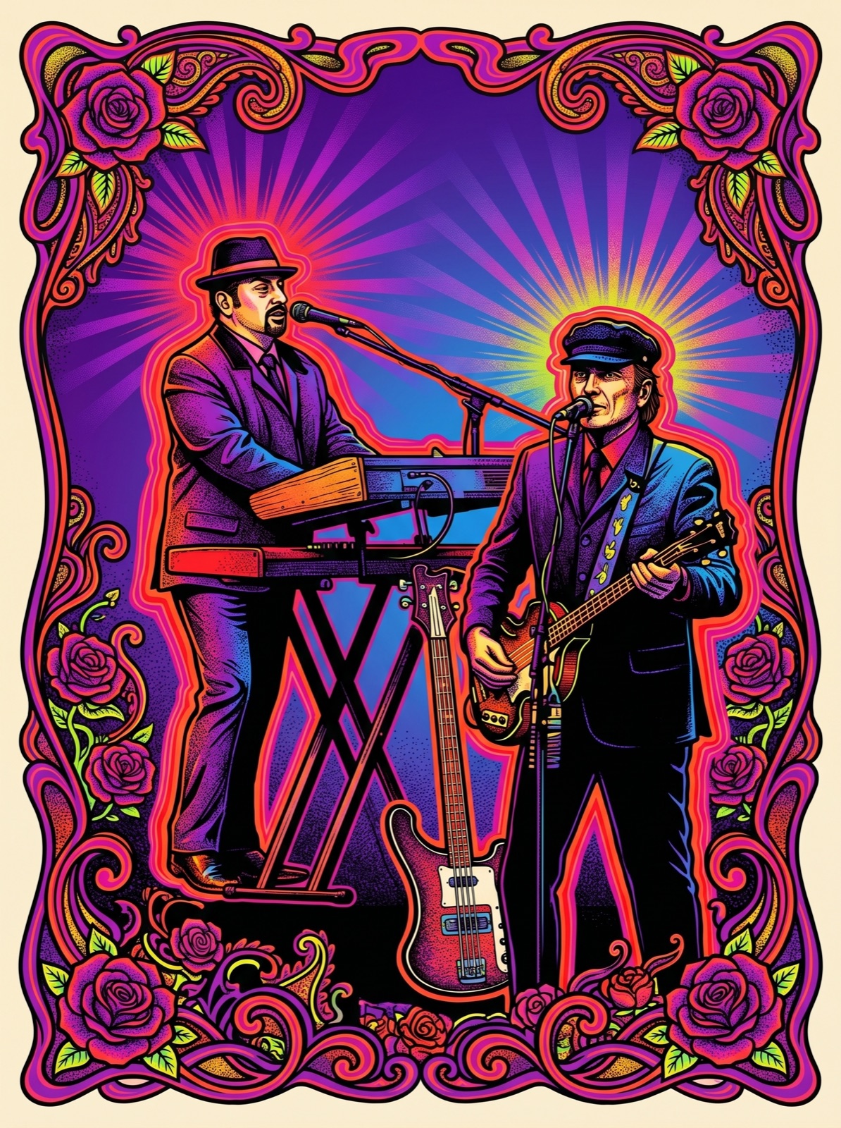 Owsley psychedelic concert-poster style — band member in flowing liquid linework