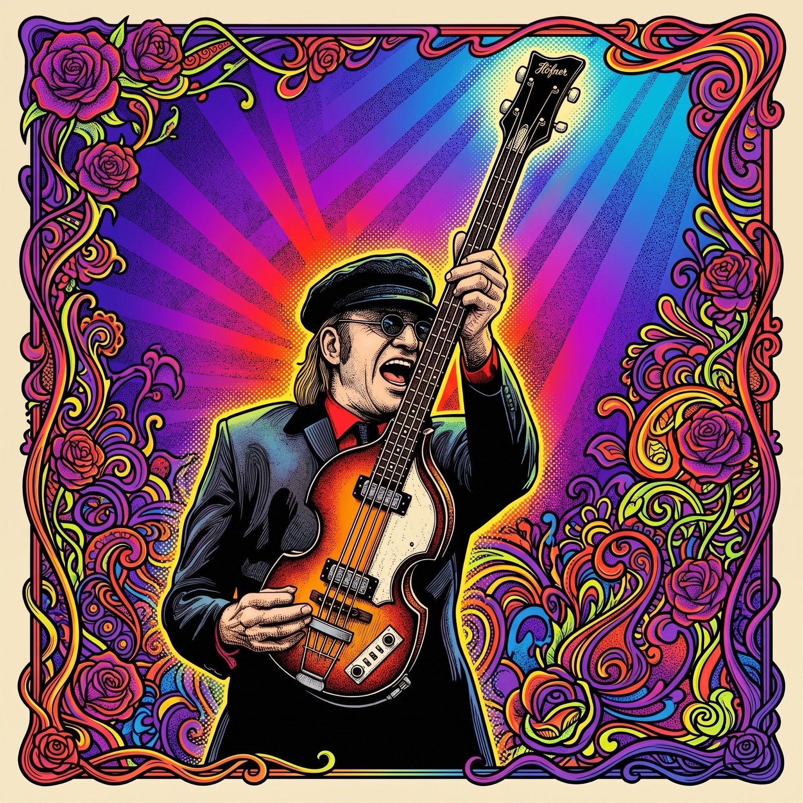 Owsley psychedelic concert-poster style — the band in a psychedelic rose frame