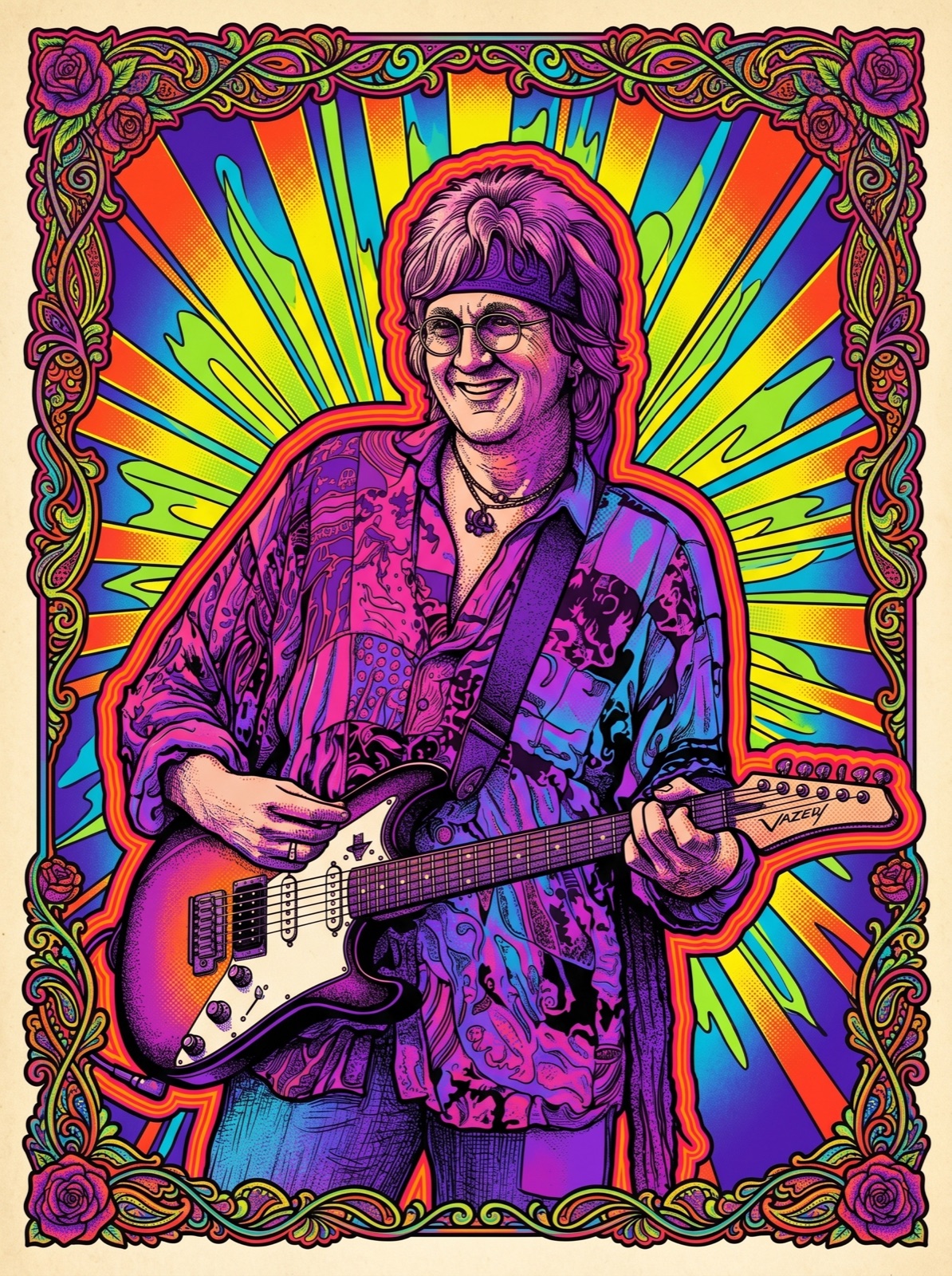 Owsley psychedelic concert-poster style — guitarist in an acid-color sunburst