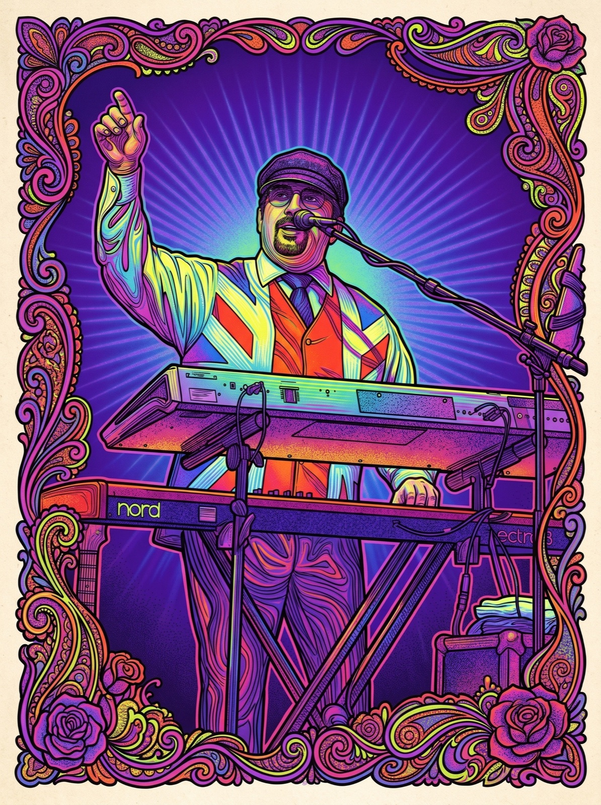Owsley psychedelic concert-poster style — guitarist in full acid saturation