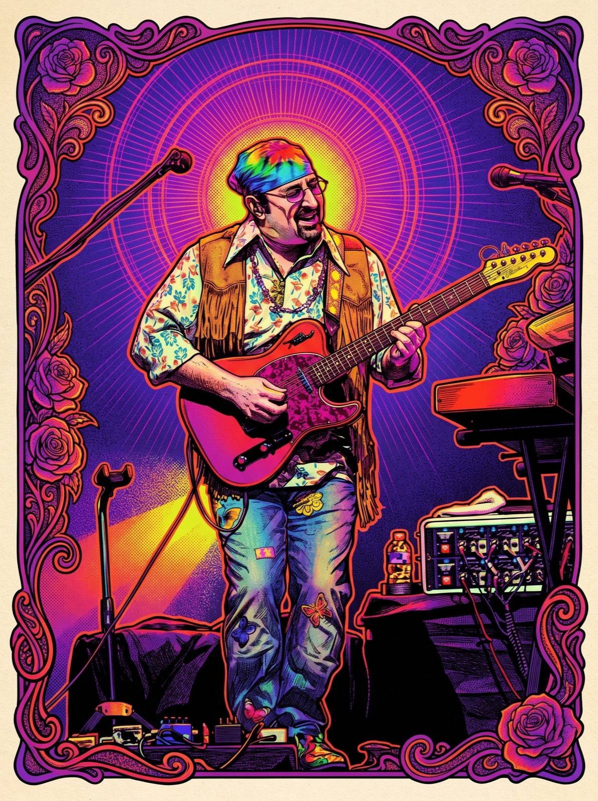 Owsley psychedelic concert-poster style — vocalist in a radiating halo