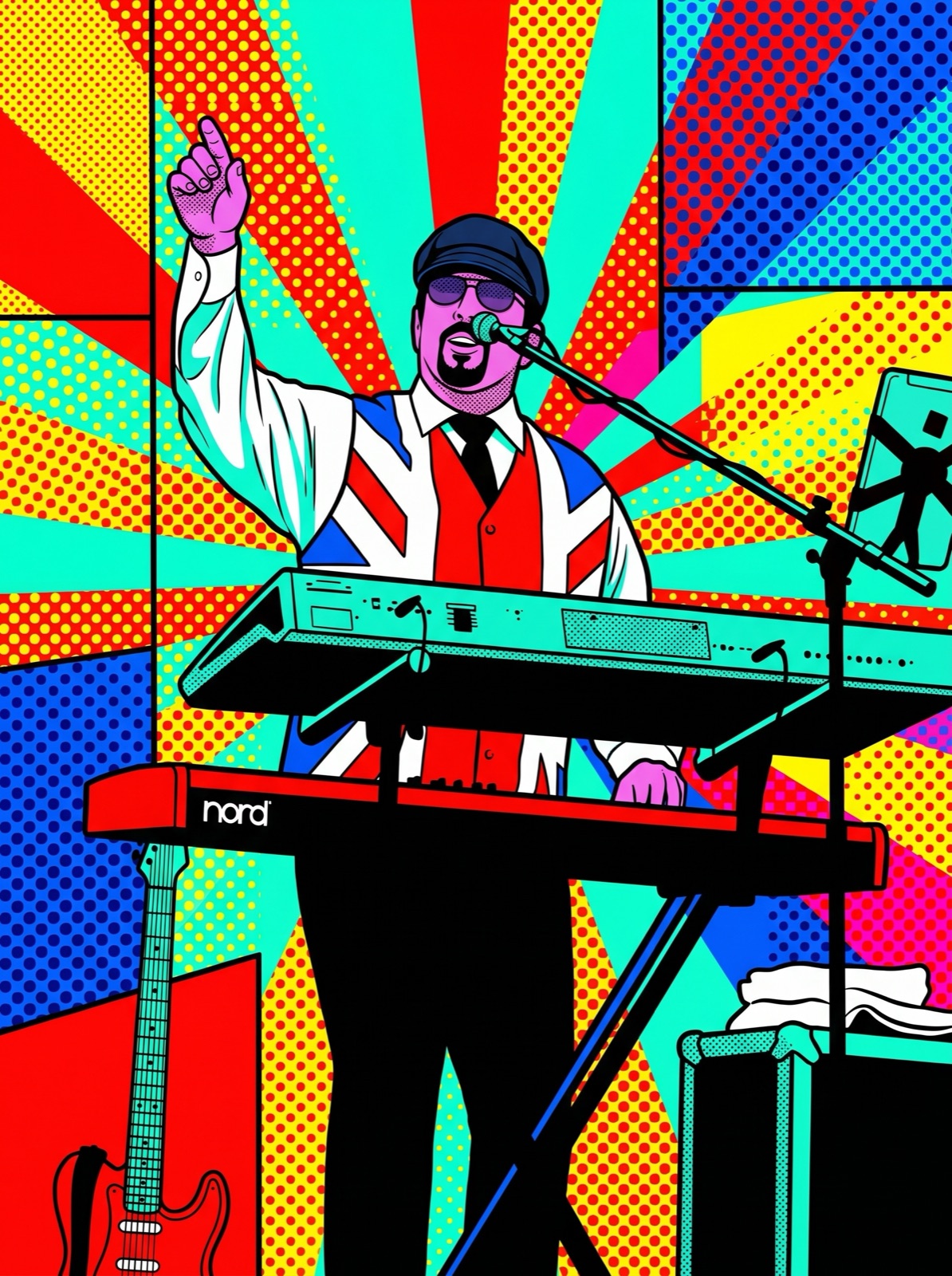 Pop-art halftone style — guitarist on stage