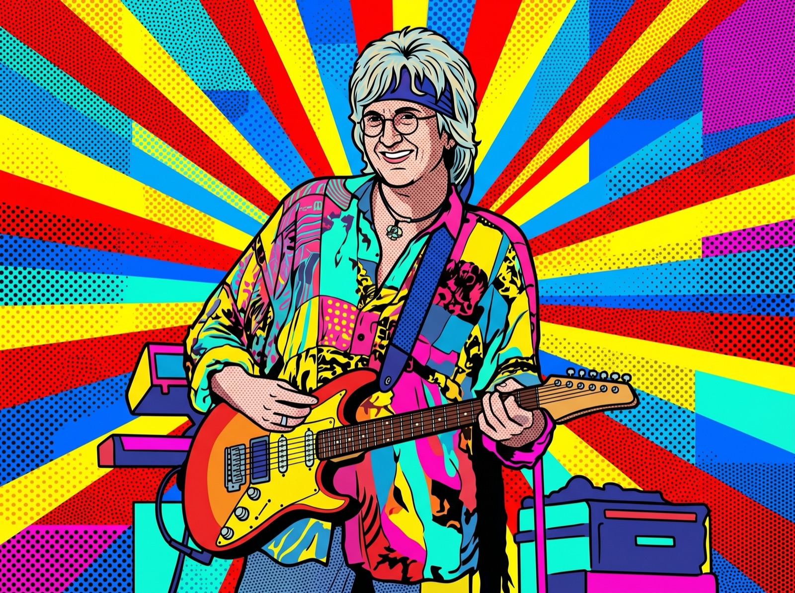 Pop-art halftone style — wide stage shot