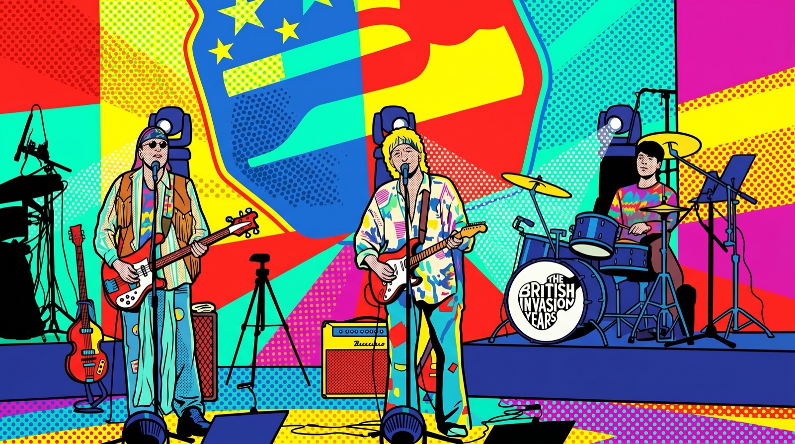 Pop-art halftone style — band silhouette
