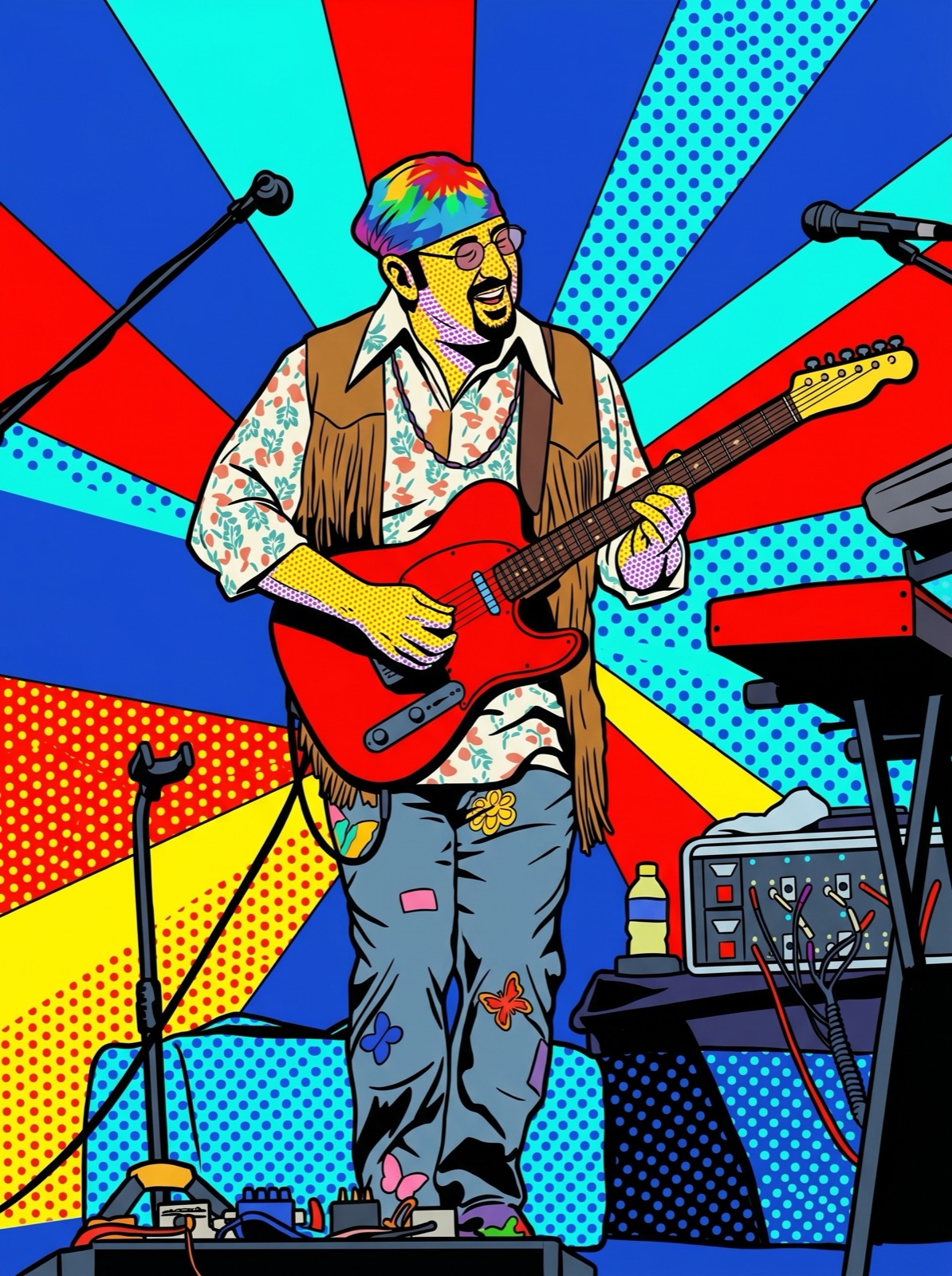 Pop-art halftone style — vocalist mid-song