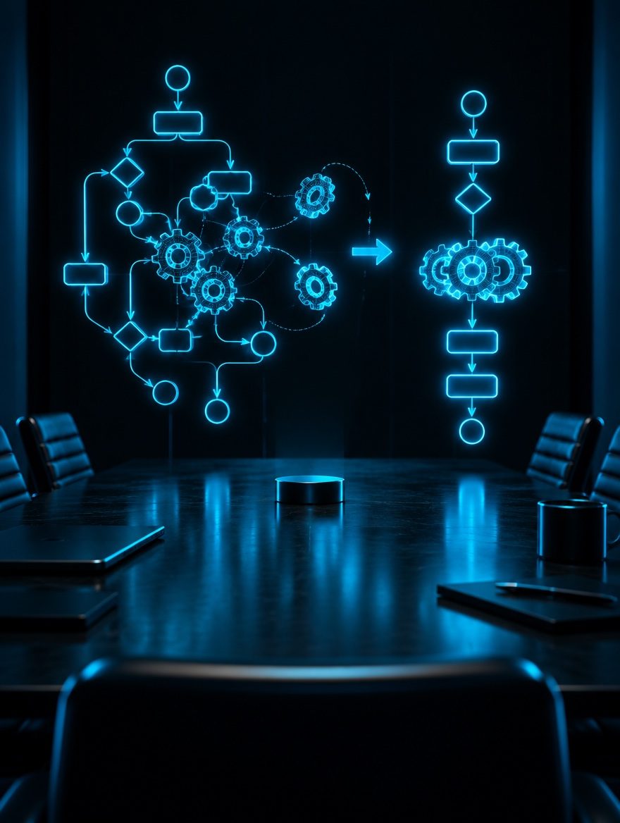 Glowing cyan workflow map of connected process nodes and gears above a dark boardroom table