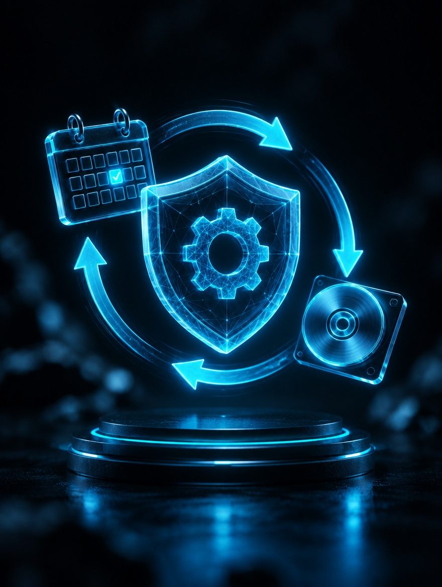 Glowing cyan shield containing a gear, encircled by recurring cycle arrows with a calendar and backup disc