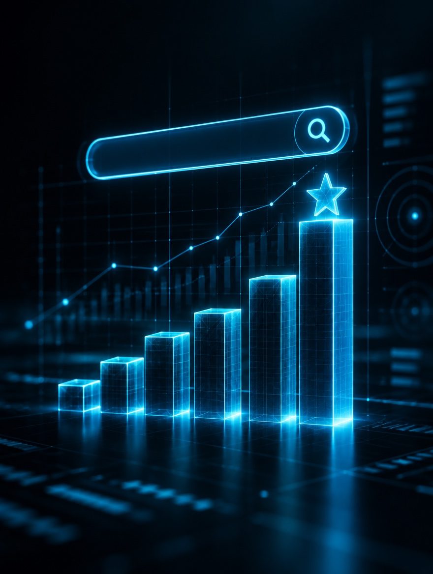 Glowing cyan search bar above rising ranking bars climbing toward the top position